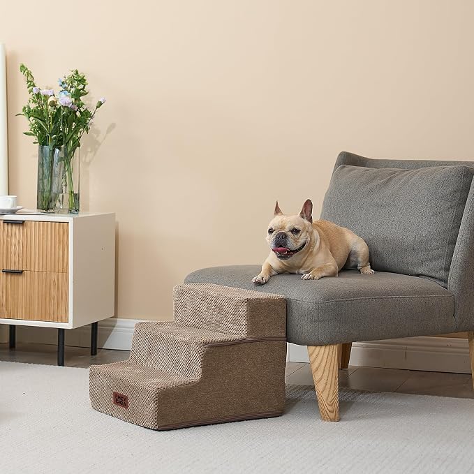 EHEYCIGA Dog Stairs for Small Dogs 13.5" H, 3-Step Dog Steps for Cats, Camel