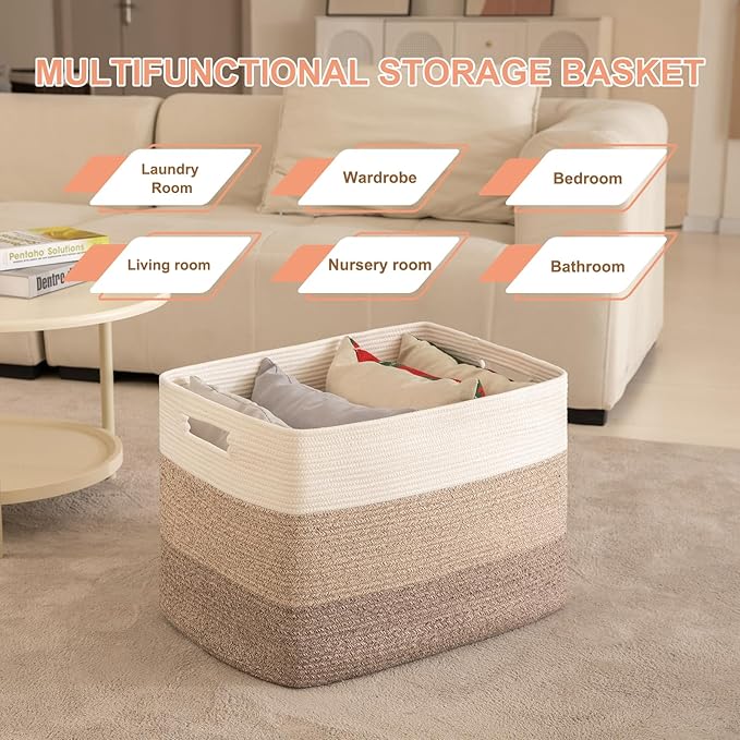 OIAHOMY 108L Super Large Blanket Basket, 25”x16”x16”(108L) Rectangle Woven Baskets for Storage, Cotton Rope Basket For Living Room, Toy Storage with Handle- Gradient Brown