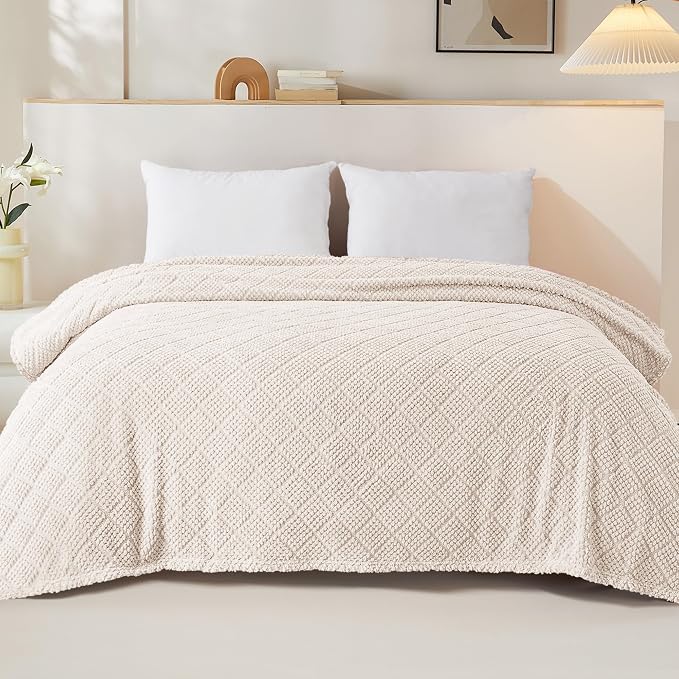 Whale Flotilla Soft Fleece Twin Size Blanket for Bed, Ivory White | Jacquard Waffle Blankets for Home Decor, Lightweight and Cozy, All Season Suitable, 60x80 Inch