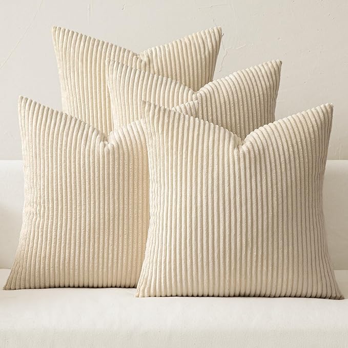 MIULEE Soft Corduroy Decorative Throw Pillow Covers Beige 18x18 | Set of 4, Mordern Nordic Home Decor, All Same Color Set, Boho Farmhouse Cushion Covers for Couch Bed Sofa Living Room