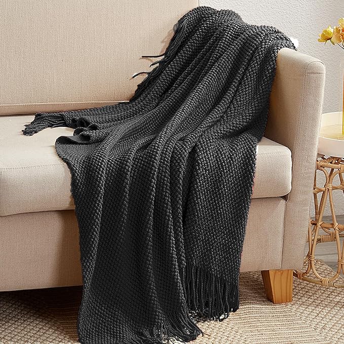 LOMAO Knitted Throw Blanket with Tassels Bubble Textured Lightweight Throws for Couch Cover Home Decor (Black, 60x80)