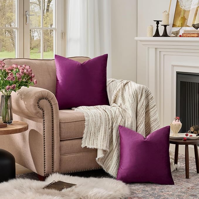 GIGIZAZA Velvet Pillow Covers 16x16 Decorative Pillows Pack of 2 Purple | Throw Pillows for Couch Sofa,280gsm Soft Textured Fabric,Luxury Modern Square Pillowcases,Home Decor Cushion Covers