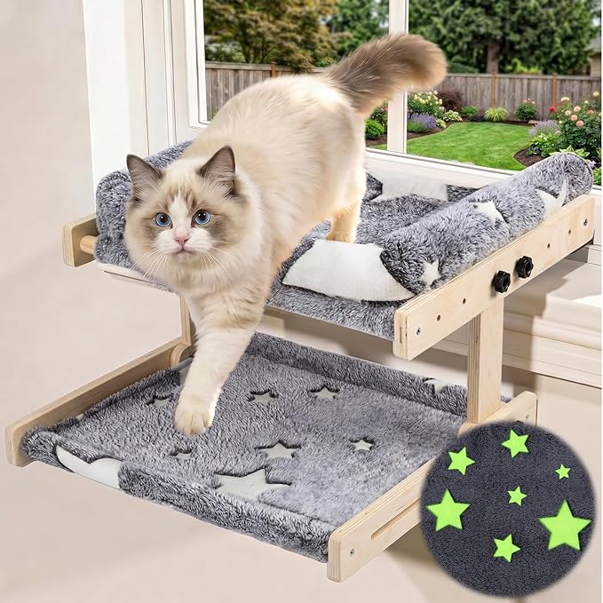 Cat Window Perch, Glow in The Dark Cordless Pet Hammock Bed for Window | Double Layer Cat Window Perch, Adjustable Wooden Window Cats Bed, Removable Cover, Indoor Cats Window Sill Cat Bed
