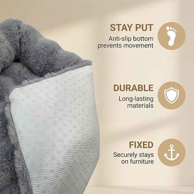 Calming Dog Bed for Couch, 29.5 x 29.5 inch, Dog Sofa Mat, Machine Washable | 3-Sided Bolster, Faux Rabbit Fur Plush, Non Slip Bottom, Water Resistant Furniture Protector for Small Medium Dogs & Cats