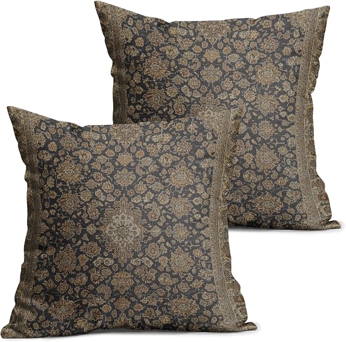 Vintage Boho Carpet Brown Black Pillow Covers 20x20 Inch Set of 2 Antique Bohemian Floral Print Linen Throw Pillow Cases Outdoor Linen Cushion Cover Farmhouse Decor for Bedroom Home Sofa Couch Bed