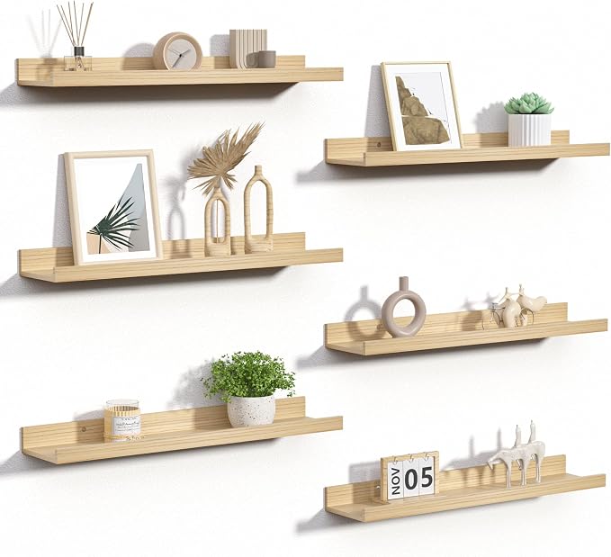 upsimples Floating Shelves for Wall Decor Storage, Natural, 6Pcs, 23.6'' | Wall Mounted Wood Shelves for Living Room, Bedroom, Bathroom, Kitchen, Office, Nursery Room, Coffee Bar Display and Organize