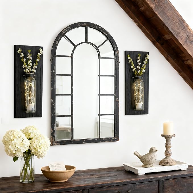 Heiple 2 Pack Wall Planters for Indoor Plants, Wood Glass Decor for Bathroom, Bedroom Living Room, Modern Farmhouse Wooden Pocket Wall Vases for Dried Flowers and Plastic Plants (Black)