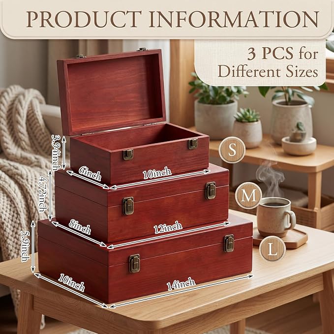 Sliner 3 Pcs Wooden Decorative Storage Boxes with Lids Vintage Wood Organizer Bins for Your Bookshelf Home Decor Safely Store Photos Documents Memory Jewelry Craft Storage (Light Brown,S M L Size)
