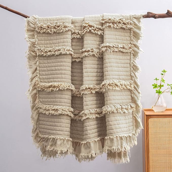 Ultra Soft Pre-Washed Quilted Boho Throw Blanket, Ruffle Fringed Beige Decorative Throw, Stone Washed Chic Rustic Blanket for Sofa Couch Bed Chair, 50"x 60"