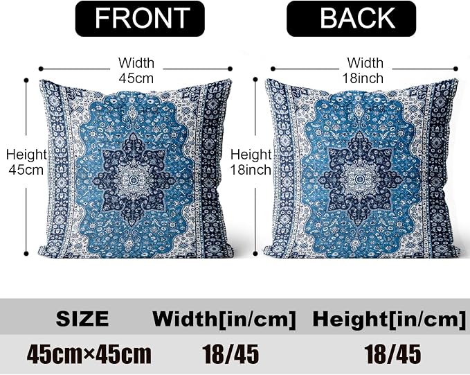 Boho Throw Pillow Covers 18x18 inch Set of 2,Soft Pillowcases Bohemia Carpet Printing Pattern Decorative Sofa Living Room Bed Square Pillow Case Cushion Cover-Blue