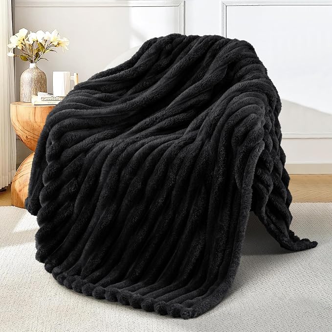 Exclusivo Mezcla Striped Fleece Throw Blanket for Couch, Sofa, Bed, 50"x60" | Soft Breathable Cozy Bed Blankets, Lightweight Plush Fluffy Fuzzy Jacquard Decorative Blankets