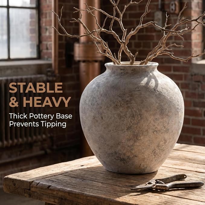 Lvases Aged Stone Rustic Ceramic Farmhouse Home Decor Dried Flower Vase | 8.3in large stone white limestone finish, mediterranean tuscan aged cement look, rustic table living room decorative vase