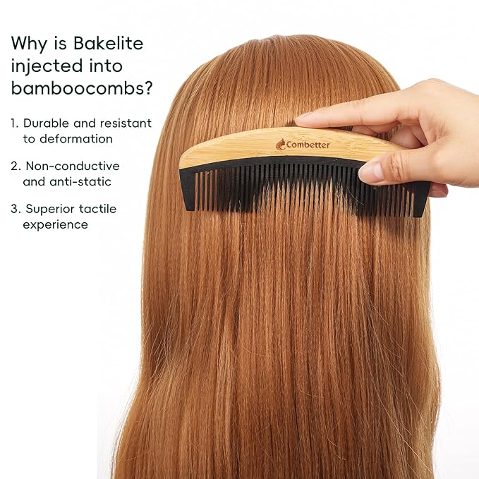 Combetter Bamboo Comb for Detangling, Anti Static Fine Tooth Comb for Thick, Thin, Fine, Short, Long Hair, Durable Bakelite Infused Hair Comb for Women - Birthing & Labor Tool