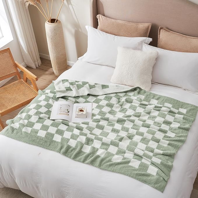 Snuggle Sac Checkered Throw Blanket for Couch, Super Soft, Cozy Warm Knit Blankets, Reversible Plaid Fluffy Throws for Sofa, Bed, Checkered Sage Green, 50x60 Inches