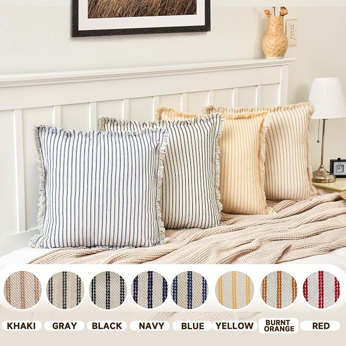 Throw Pillow Covers 22x22 Set of 2 Striped Pillow Covers with Fringe Chic Cotton Decorative Pillows Square Cushion Covers for Sofa Couch Bed Living Room Farmhouse Decor, (Black)
