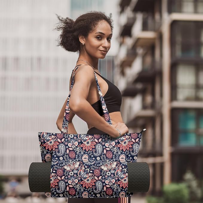Yoga Bag for Women, Large Canvas Yoga Mat Tote Bag with Yoga Mat Carrier - Large Mat Pocket Fitness Tote for Pilates, Gym, Travel, Office & Beach