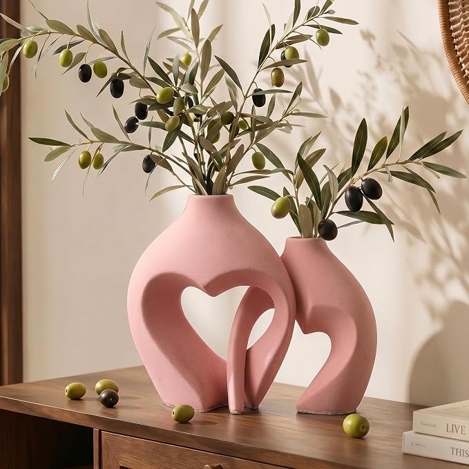 Ceramic Flower Vases Table Decor Heart Shaped Vase Set of 2 Pink | Nordic Heart Shaped Vases Minimalist Decorative Vase for Table Centerpiece Wedding Dining Living Room Office House Decoration
