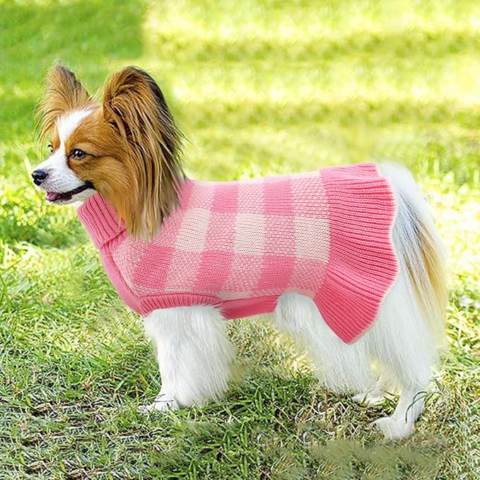 Dog Sweater Dress Plaid Knitwear for Small Medium Dogs Warm Puppy Pet Turtleneck Stretch Pullover Cute Fall Winter Vest Clothes with Leash Hole for Christmas