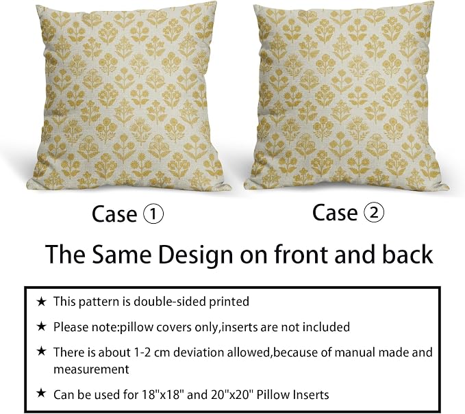 Yellow Floral Pillow Covers 22x22 Inch Set of 2, Vintage Flower Block Print Pattern Decorative Throw Pillowcases Outdoor Farmhouse Cushion Covers Spring Summer Rustic Sofa Couch Bed Decor