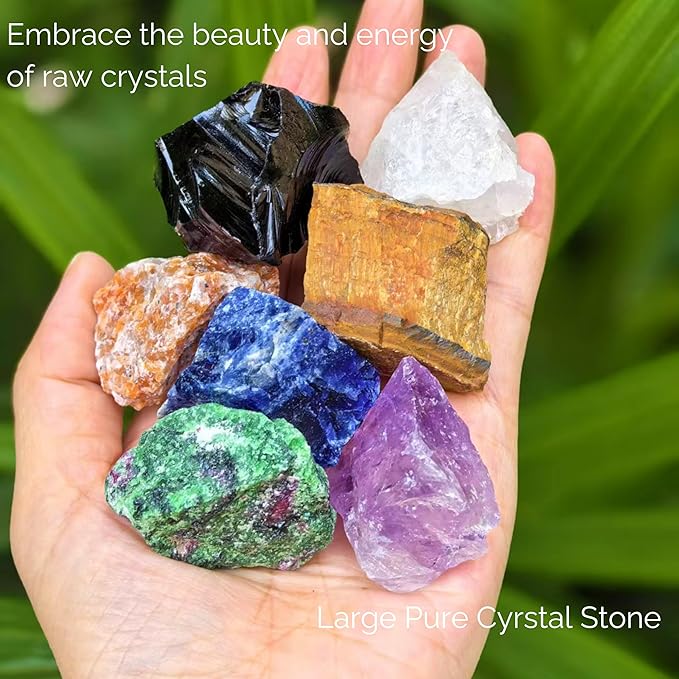 Healing Crystals Set – 7 Raw Chakra Stones & Selenite Stick | Unpolished Crystal Healing Stones for Meditation, Yoga, Reiki | Wooden Box with Velvet Pouch & Guide