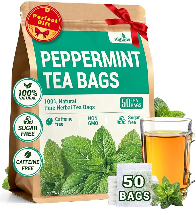 Hiihone Peppermint Tea Bags, Pure Peppermint Leaves, Fresh Minty Herbal Tea, Naturally Caffeine-Free, Non-GMO, Enjoy Hot or Iced, 50 Tea Bags