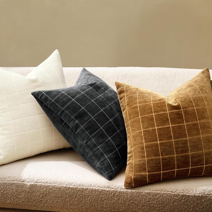 MIULEE Black Plaid Decorative Throw Pillow Covers 18x18 Set of 2 | Vintage, Check Chenille Couch Pillows, Neutral Boho Farmhouse Cushion Covers, Modern Home Decor for Sofa Bed Living Room