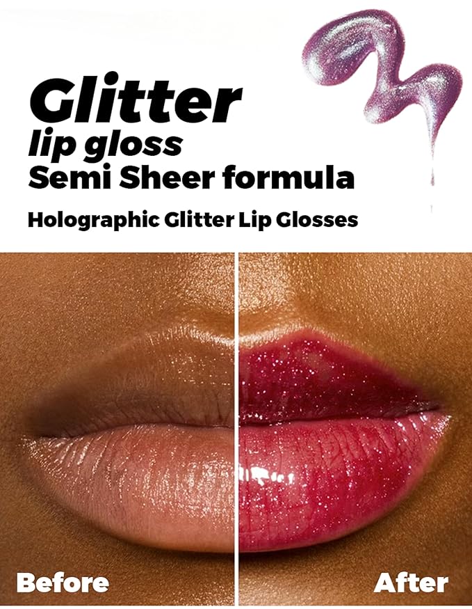Erinde Glitter Shimmer Lip Gloss, Hydrating High-Shine Glimmer Finish & Sheer Wash Of Color Lip Oil, Non-Sticky, Moisturizing Lip Makeup, Bling Sparkle Lip Gloss Lipstick, Vegan & Cruelty-Free, 01