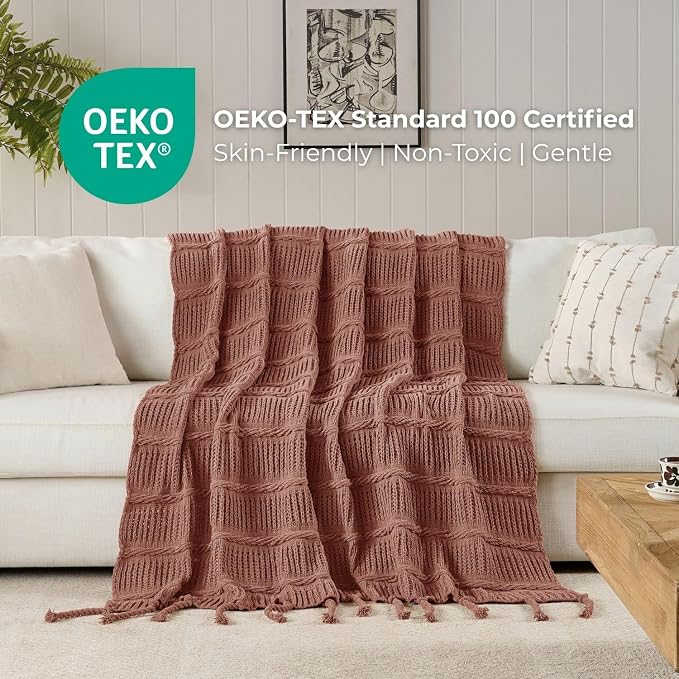 Boho Knitted Chenille Blanket with Tassels - Lightweight & Soft All-Season Throw - 3D Classic Pattern for Living Room Bedroom Couch, Clay Brown, Twin 60"x80"