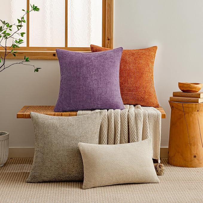 a moment Purple Chenille Throw Pillow Covers 20x20 Inch Pack of 2 Modern Decorative Throw Pillow Covers Farmhouse Cross Covers Home Decor for Sofa Bedroom Living Room