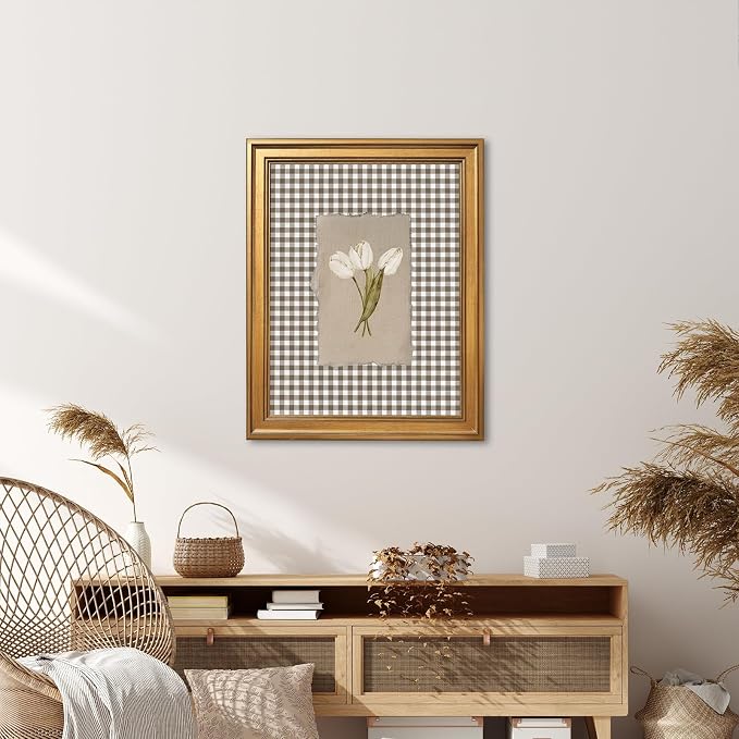 Gold Framed White Tulips Vintage Floral Wall Art Painting Brown Gingham Botanical Print Rustic Farmhouse Flower Picture Poster Neutral Cottagecore Canvas Artwork Aesthetic Country Home Decor 16x24inch