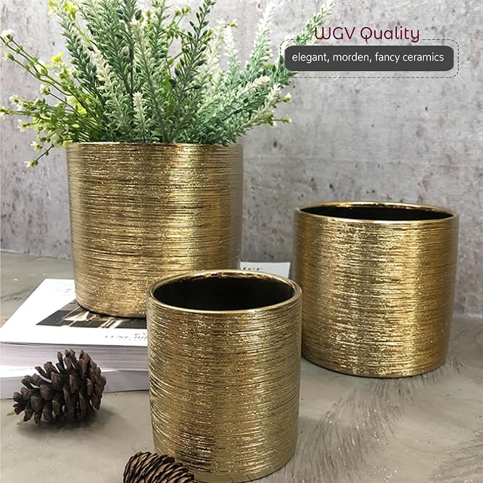 WGVI Gold Etched Ceramic Cylinder Vase Width 5.5" Height 5", Flower Arrangements, Candle Holder, Terrarium Planter Pot, Storage Container Organizer, Pen Brush Holder, Scratched Texture Design, 1 Pc