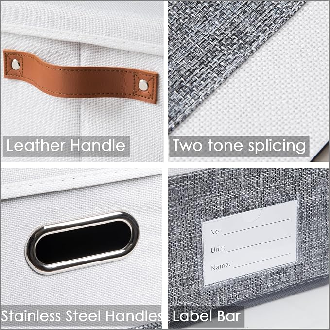 Foldable Storage Bins with Lids [3-Pack] Fabric Collapsible Storage Boxes Baskets Cubes Containers with Handles for Closet Living Room Bedroom (Grey & White 14.9x9.8x9.8'')