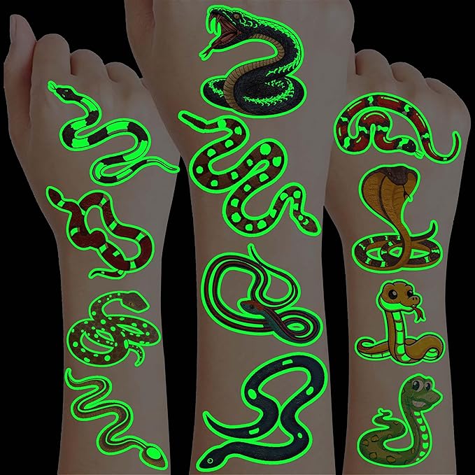 96 PCS Snake Luminous Neon Temporary Tattoos – Glow in the Dark Snake Tattoo Stickers Birthday Party Decorations, Supplies & Favors for Halloween, Parties, Cosplay, Costume Events (Glow in the dark)