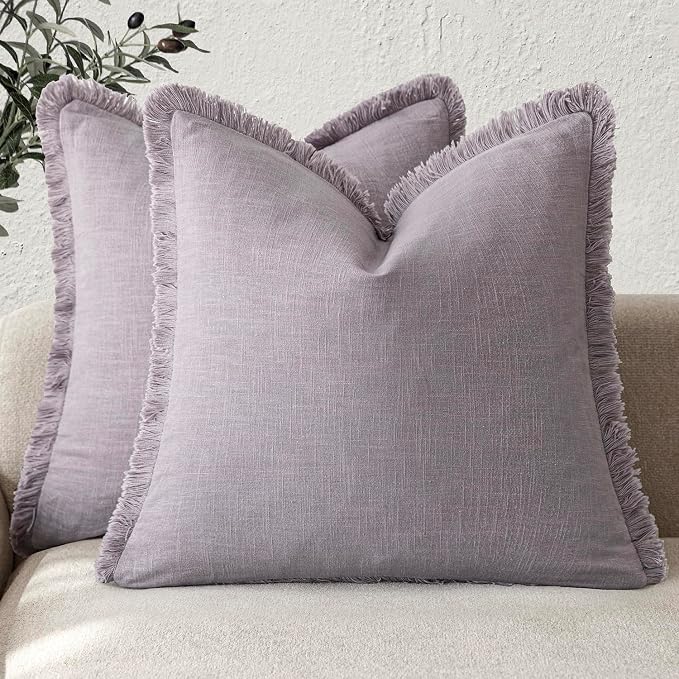 Foindtower Set of 2 Decorative Linen Fringe Throw Pillow Covers Cozy Boho Farmhouse Cushion Cover with Tassels Soft Accent Pillowcase for Couch Sofa Bed Living Room Home Decor,20×20 Inch,Light Purple