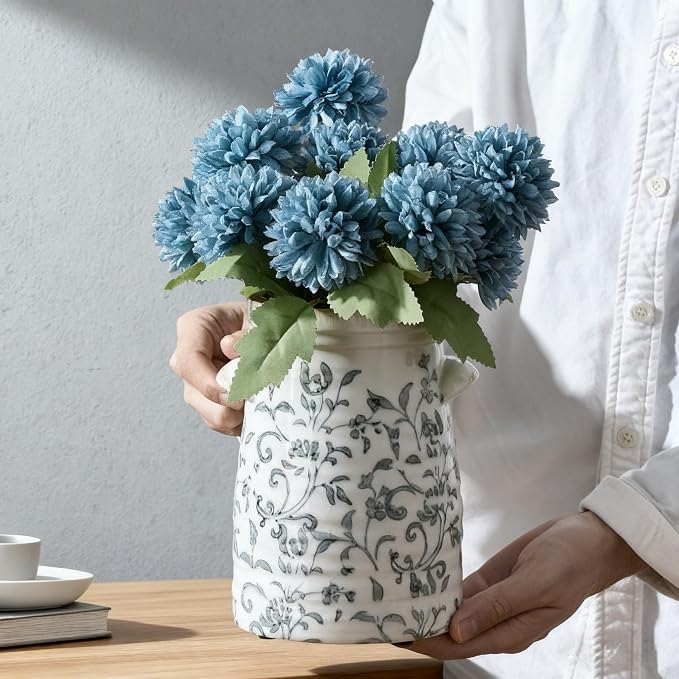 SIDUCAL Ceramic Gray and White Vase with 2-Ear, 8 Inch Ice Cracked Vintage Pastoral Vase, Rustic Farmhouse Vases for Home Decor, Table, Living Room, Shelf Decor, Chinoiserie Decor, Gray Floral Pattern