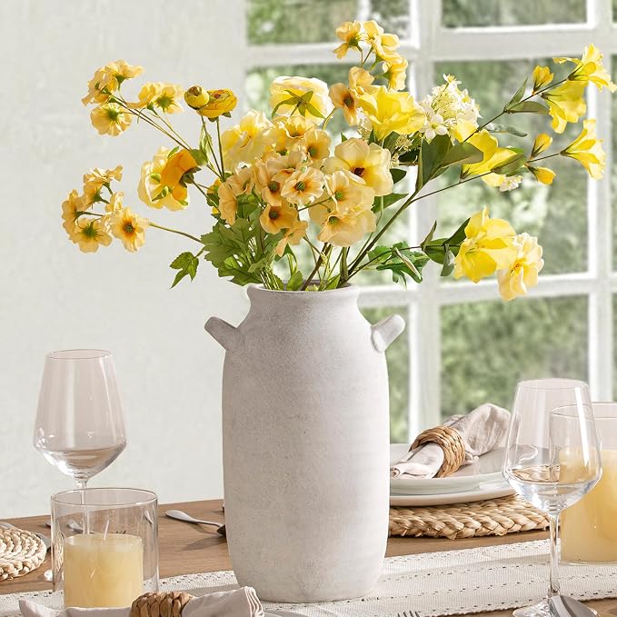 Large Flower Vase Home Decor - Tall Ceramic Farmhouse Table Vases with Handle Living Room Decoration Decorative Rustic Pottery for Floor Kitchen Shelf Coffee Dining Desk Fireplace (12" Rustic)