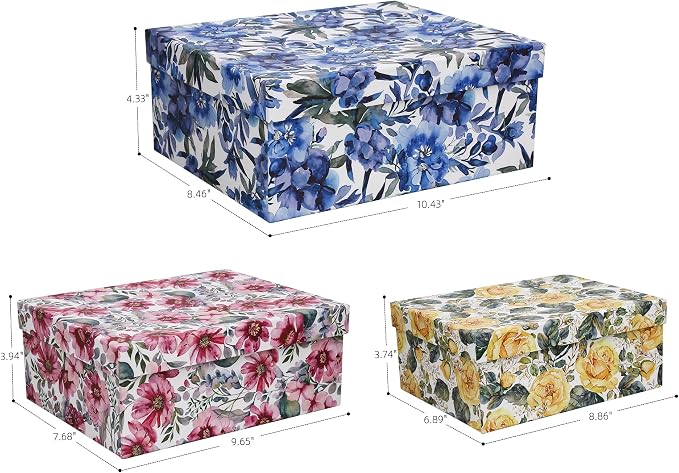 3-Piece Decorative Storage Boxes with Lids, Watercolor Floral Design Inspired by Garden Blooms, Cardboard Keepsake Box Set, Photo & Memory Storage for Home Decor and Modern Organization