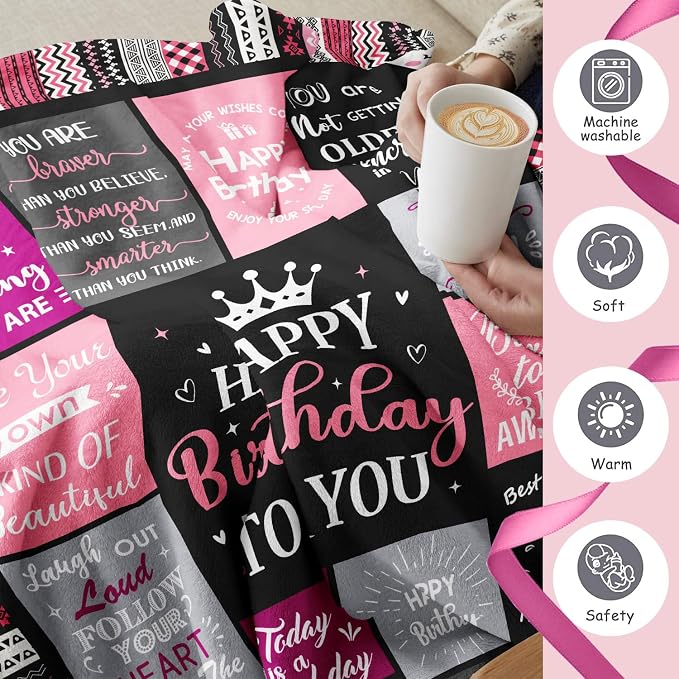 Ivivis Birthday Gifts for Women Girls Throw Blanket 60"X50" Black, Happy Birthday Decorations for Woman, Gifts for Women Birthdays Unique, Womens Bday Gift Ideas for Her Friend Mom Sister Grandma Wife