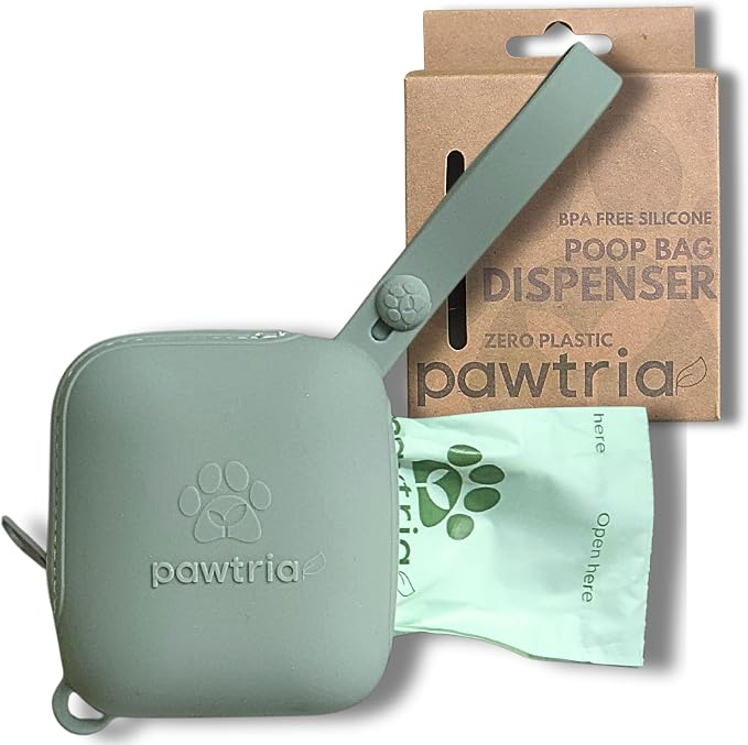 Pawtria Silicone Poop Bag Holder Dispenser, Matte Green + 15-Bag Roll