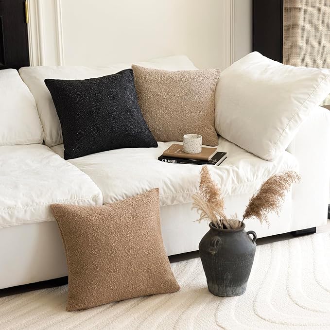 Foindtower Set of 2, Decorative Textured Boucle Throw Pillow Covers Accent Solid Pillow Cases Neutral Soft Couch Cushion Case for Chair Sofa Bedroom Living Room Home Decor 24 x 24 Inch Black