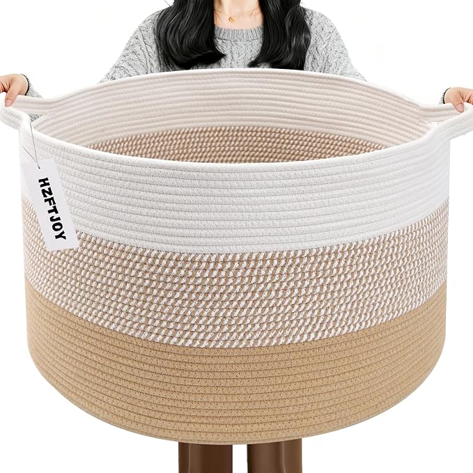115L Large Blanket Basket,Rope Woven Laundry Basket-Yellow | Collapsible, reinforced handles, nursery storage bin organizes clothes, toys and pillows for living room, bedroom bathroom