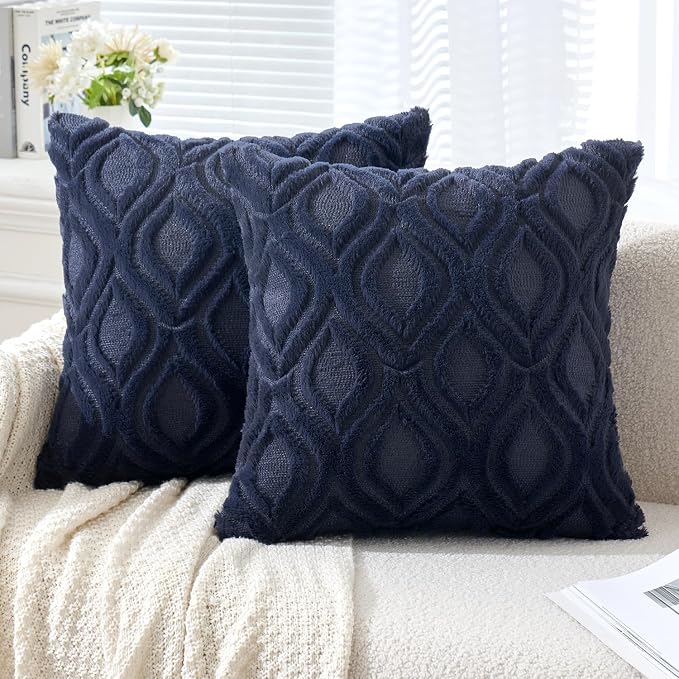MIULEE Navy Blue Soft Plush Faux Wool Throw Pillow Covers 18x18 | Set of 2, Farmhouse Boho Home Decor, Decorative Cushion Covers for Sofa, Living Room, Bed