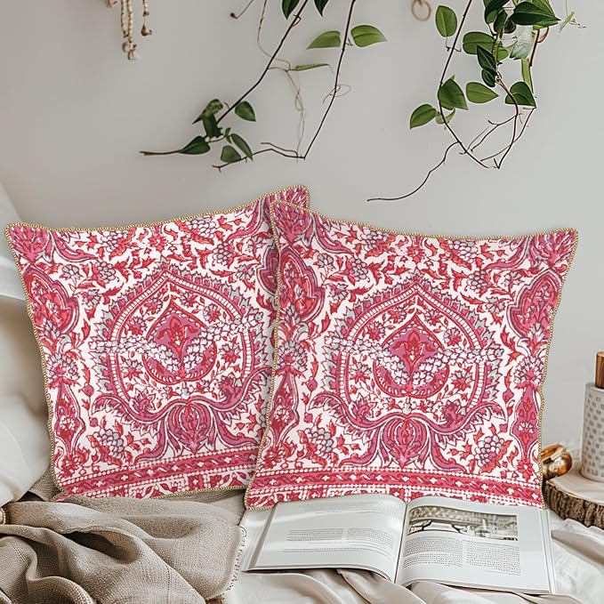 KSLIDS Pink Teal Flower Soft Velvet Throw Pillow Covers Set of 2 Boho Ethnic Red Foral Decorative Pillow Covers 18x18 Inch Bohemian Farmhouse Pillow Case for Sofa Couch Living Room Home Decor
