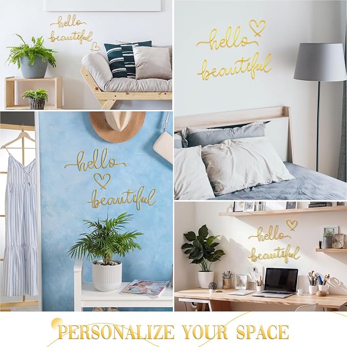 Hicarer Metal Hello Gorgeous Wall Art Minimalist Wall Decor,Gold,Beautiful | for Bedroom Bathroom Living Room Dressing Room Salon Vanity Office Home Decoration, Easy to Install
