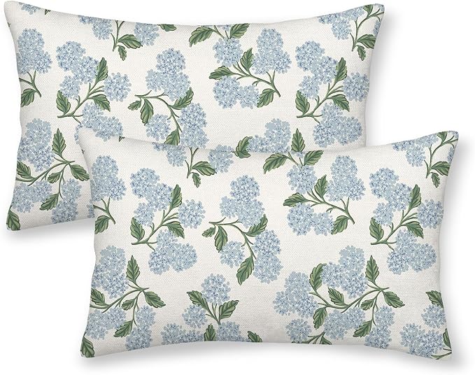 AEIOAE Spring Green Blue Hydrangea Flower Pillow Covers 12x20 Set of 2 | Floral Throw Pillows Case Summer Outdoor Seasonal Decorative Farmhouse Decor Cushion Covers for Home Sofa Bed Couch