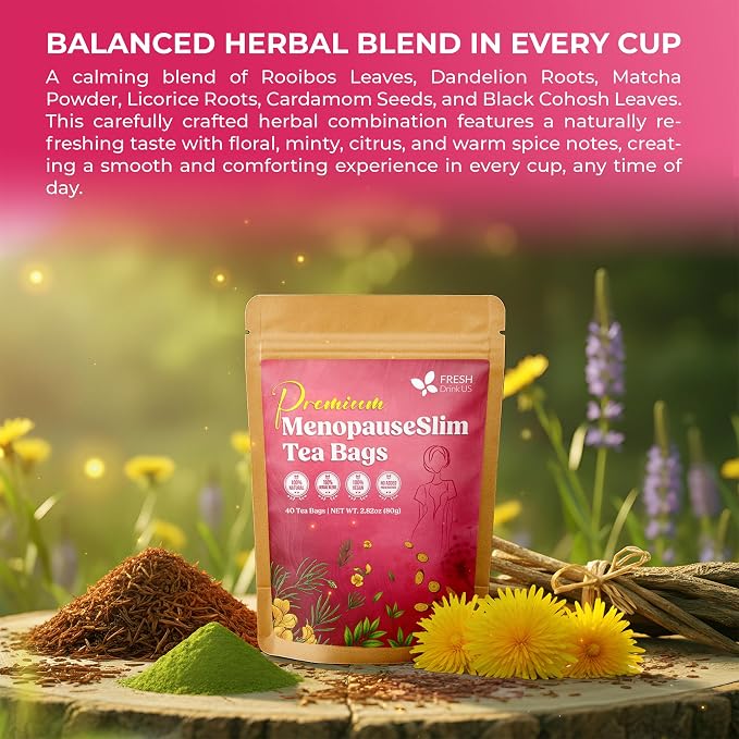 FreshDrinkUS, MenopauseSlim 40 Tea Bags – Herbal Blend with Rooibos, Dandelion Root, Matcha, Licorice, Cardamom & Black Cohosh – Smooth, Earthy Flavor – Premium Quality, Naturally Caffeine-Free Tea