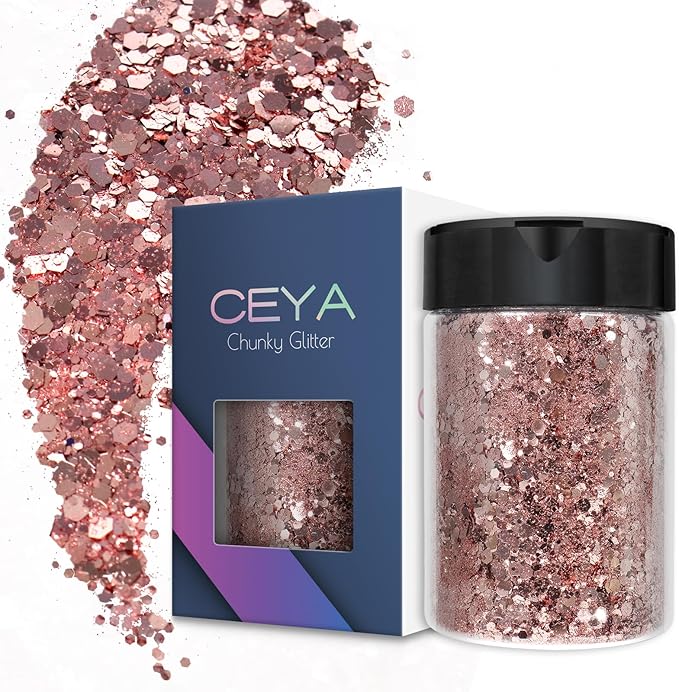 Ceya Chunky Glitter, 4.9oz/ 140g Pink Gold Craft Glitter Powder Mixed Fine Flakes Iridescent Nail Sequins for Nail Art, Hair, Epoxy Resin, Tumblers, Slime, Painting, Festival Decor