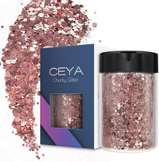 Ceya Chunky Glitter, 4.9oz/ 140g Pink Gold Craft Glitter Powder Mixed Fine Flakes Iridescent Nail Sequins for Nail Art, Hair, Epoxy Resin, Tumblers, Slime, Painting, Festival Decor