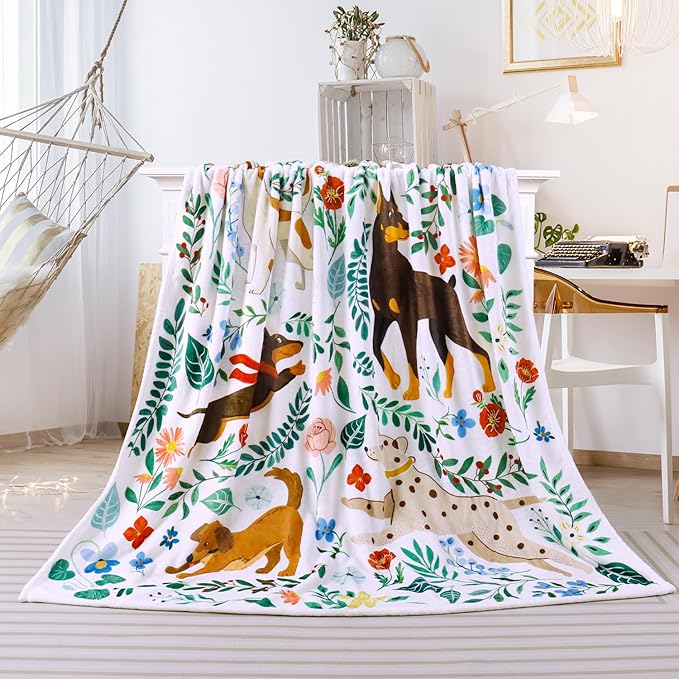 Dog Blanket Ultra Soft Floral Throw Blankets Gifts for Dog Lover Blanket Flower Leaves Flannel Fleece Throw Lightweight Warm Cozy Fuzzy Plus Cabin Blanket for Bed Sofa, 50" X 60"