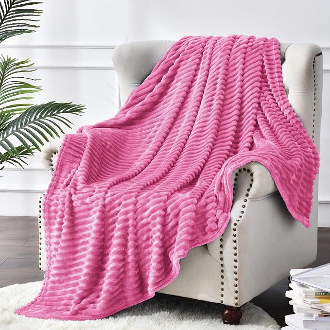 BEDELITE Ribbed Jacquard Hot Pink Fleece Twin Blanket for Bed, 60x80 Inch | Soft Warm Decorative Fluffy Blanket, Cozy Plush Lightweight Fuzzy Throw Blanket for Couch Sofa Room Decor, Gift for Women